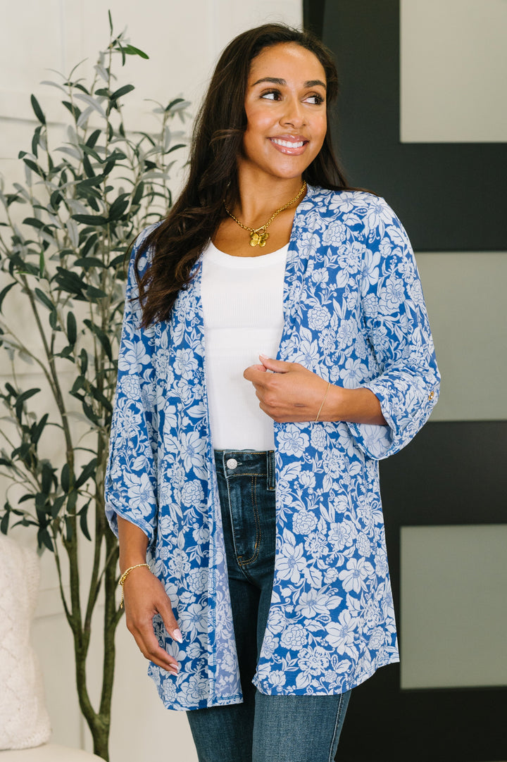 Lizzy Cardigan in Blue and White Floral - 7/30