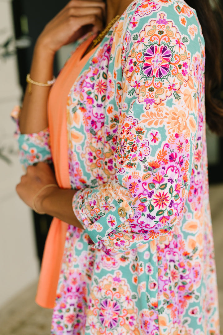 Lizzy Cardigan in Pink and Orange Floral Abstract - 7/30