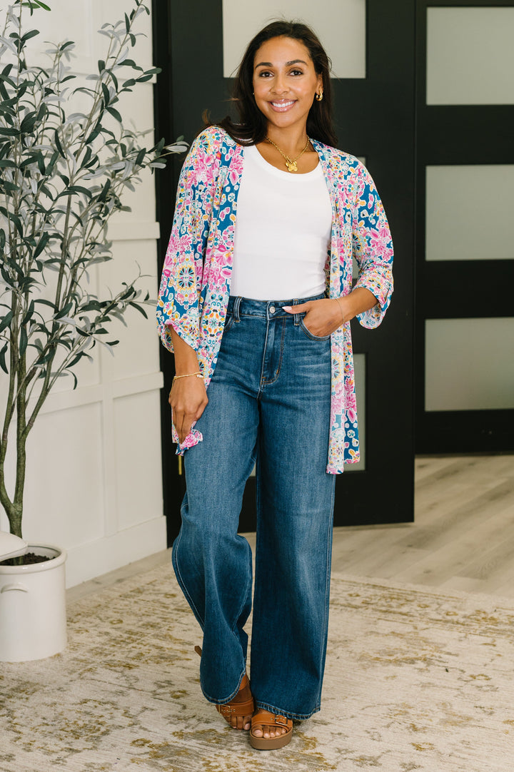 Lizzy Cardigan in Teal and Pink Floral Abstract - 7/30