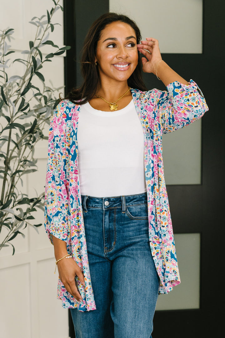 Lizzy Cardigan in Teal and Pink Floral Abstract - 7/30