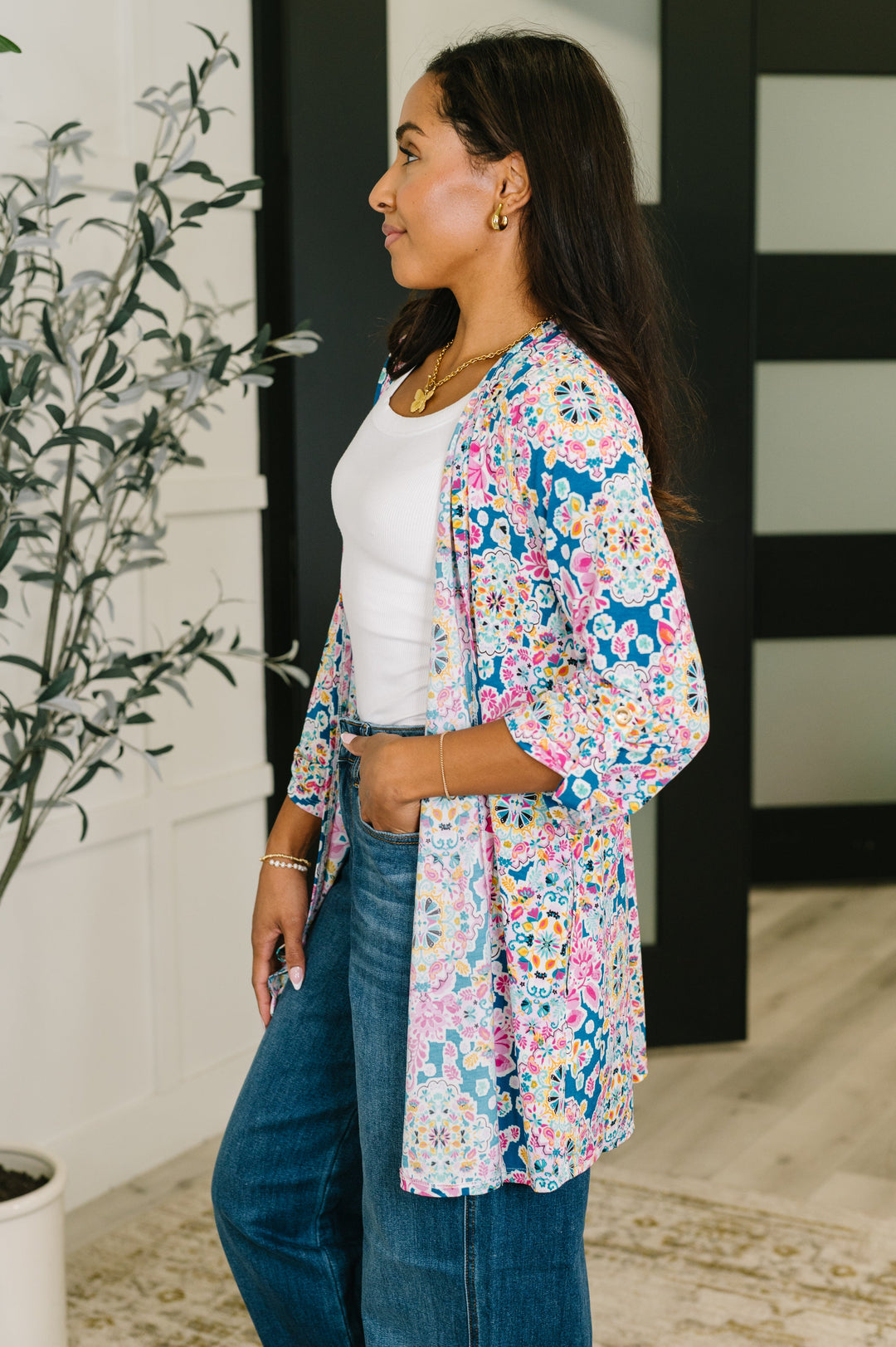 Lizzy Cardigan in Teal and Pink Floral Abstract - 7/30