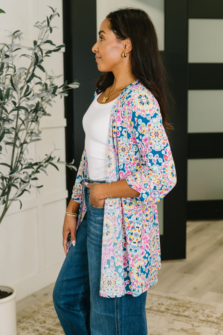 Lizzy Cardigan in Teal and Pink Floral Abstract - 7/30