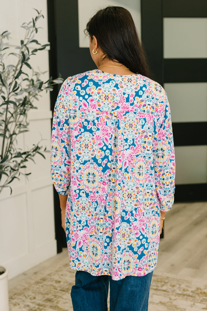 Lizzy Cardigan in Teal and Pink Floral Abstract - 7/30