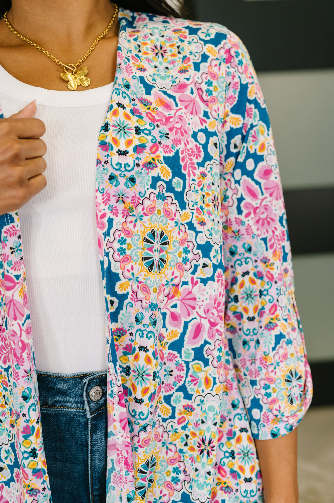 Lizzy Cardigan in Teal and Pink Floral Abstract - 7/30