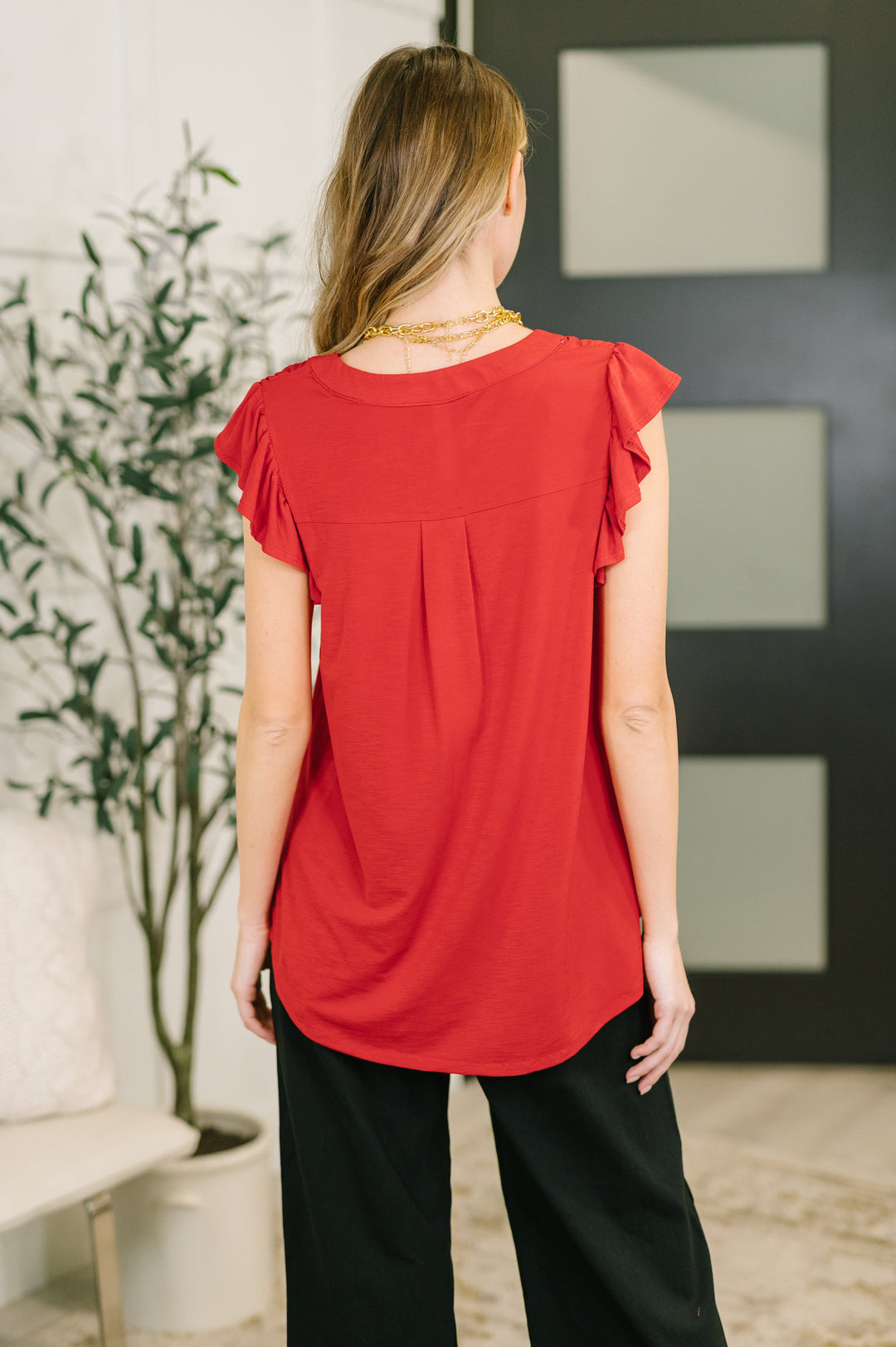 Lizzy Flutter Sleeve V-Neck Blouse in Red - 3/10