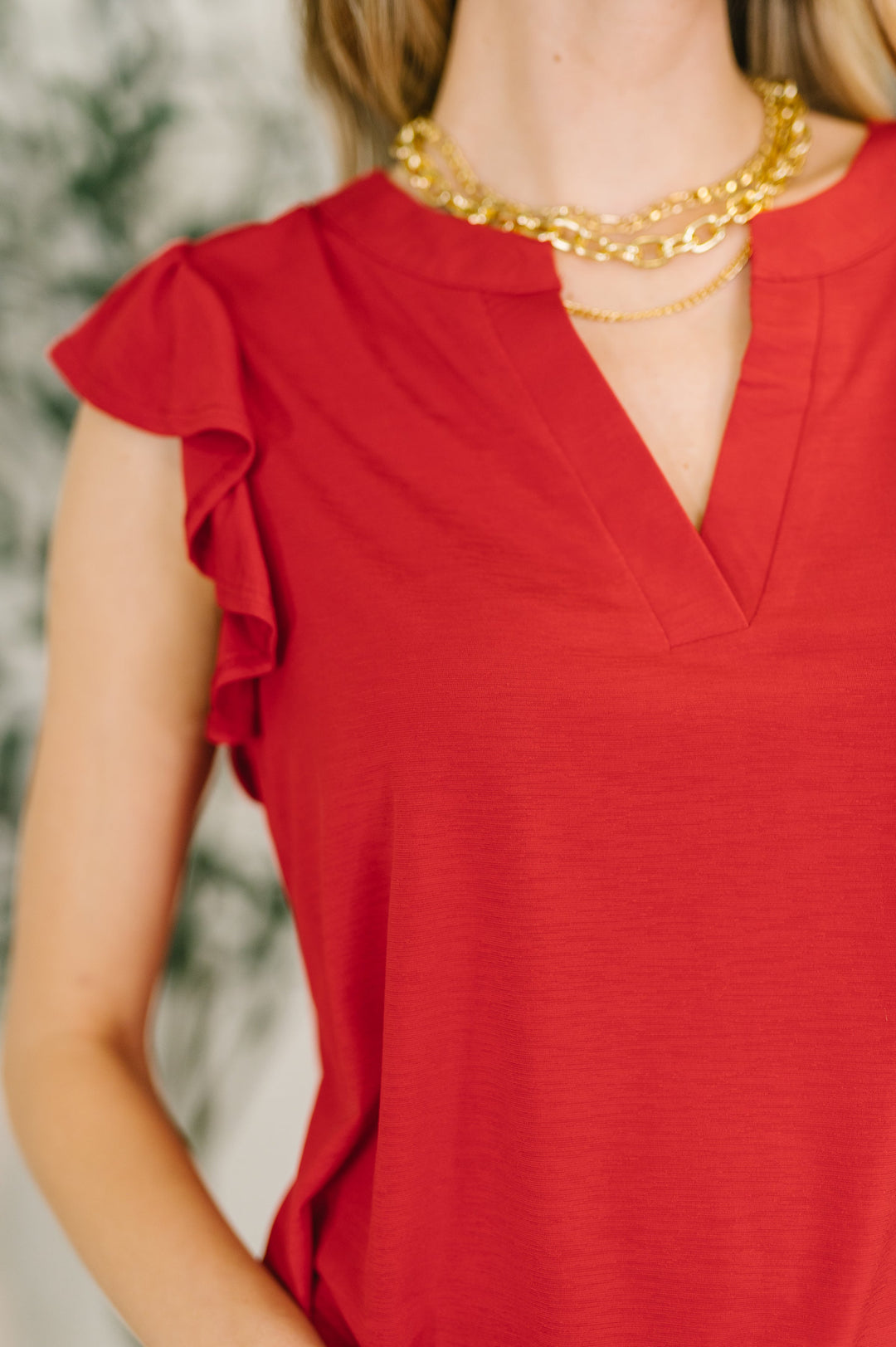 Lizzy Flutter Sleeve V-Neck Blouse in Red - 3/10