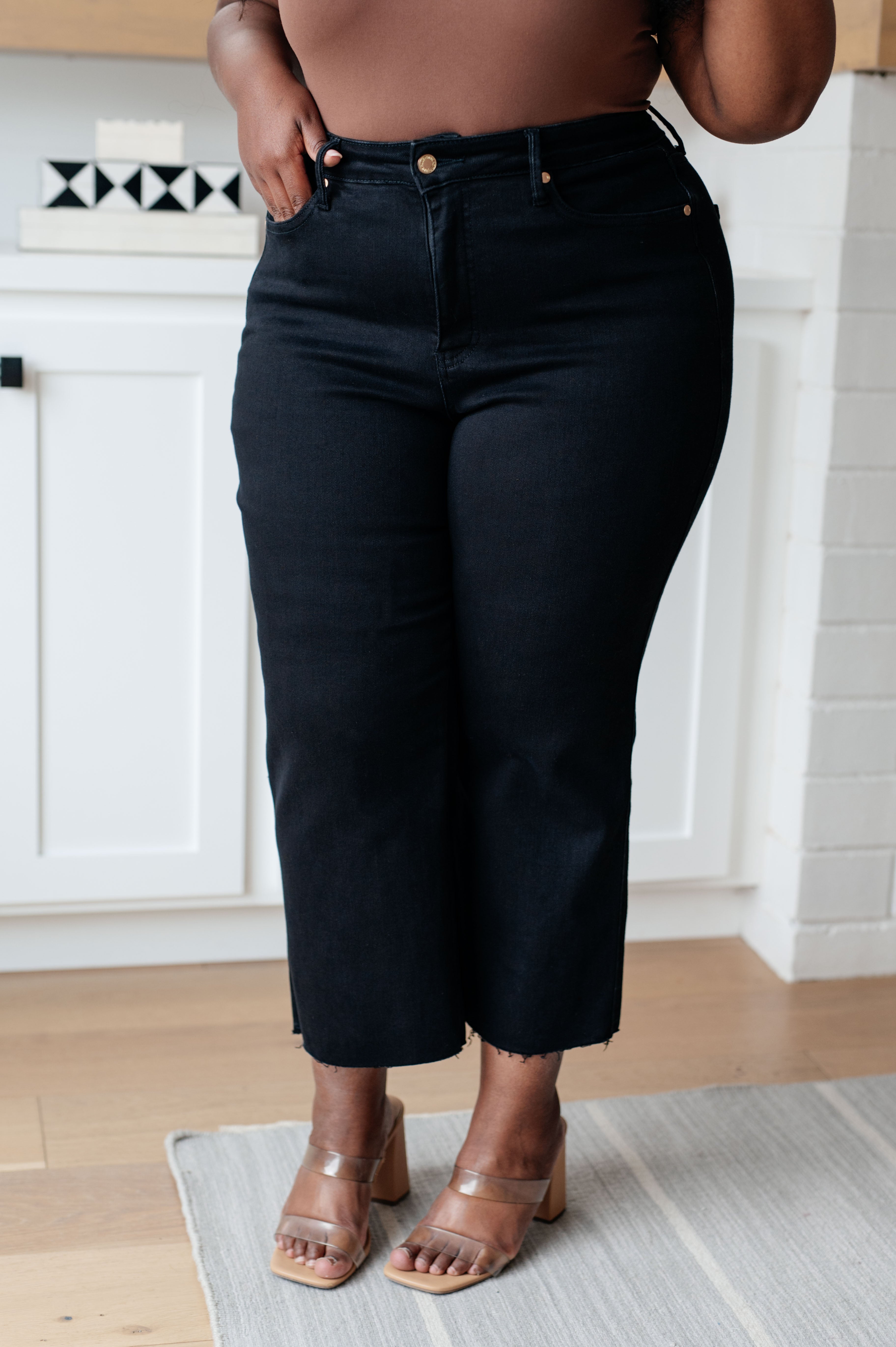 Lizzy High Rise Control Top Wide Leg Crop Jeans in Black by Judy Blue