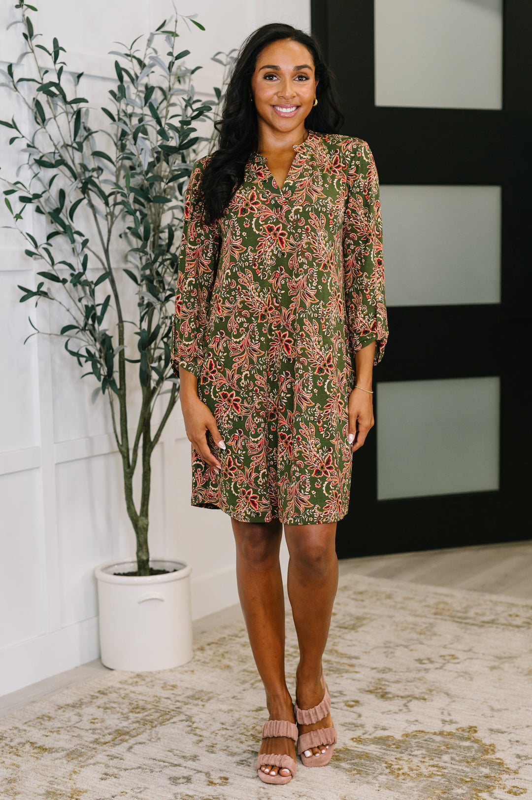 Lizzy Long Sleeve Dress in Olive Paisley