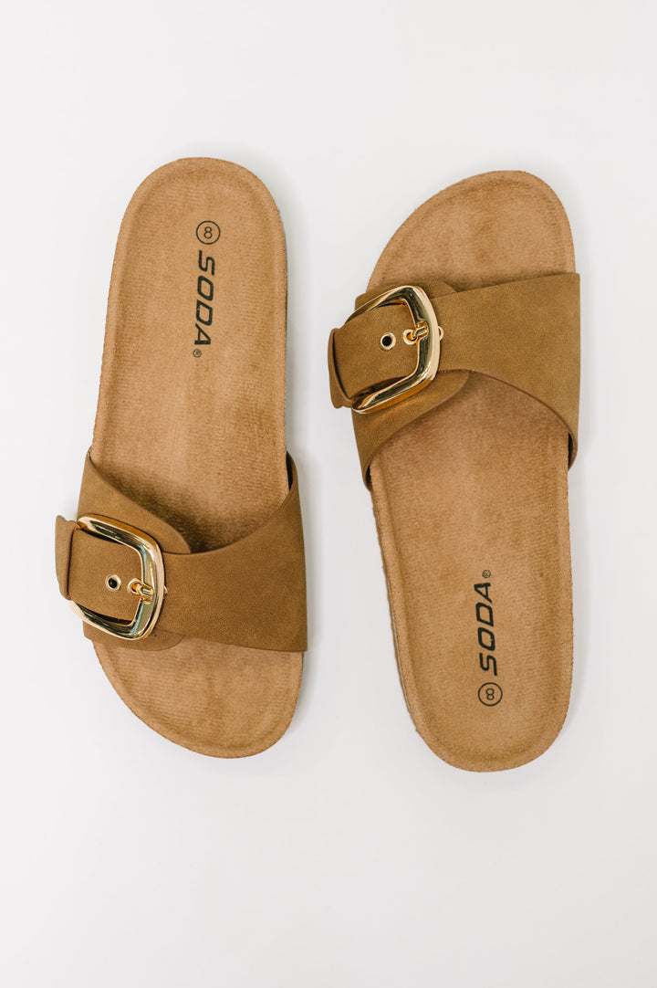 Lizzy Slip On Buckle Strap Sandal in Tan - 6/9