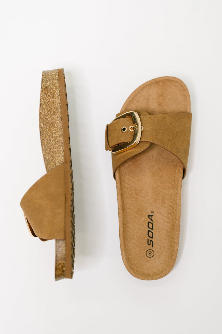 Lizzy Slip On Buckle Strap Sandal in Tan - 6/9
