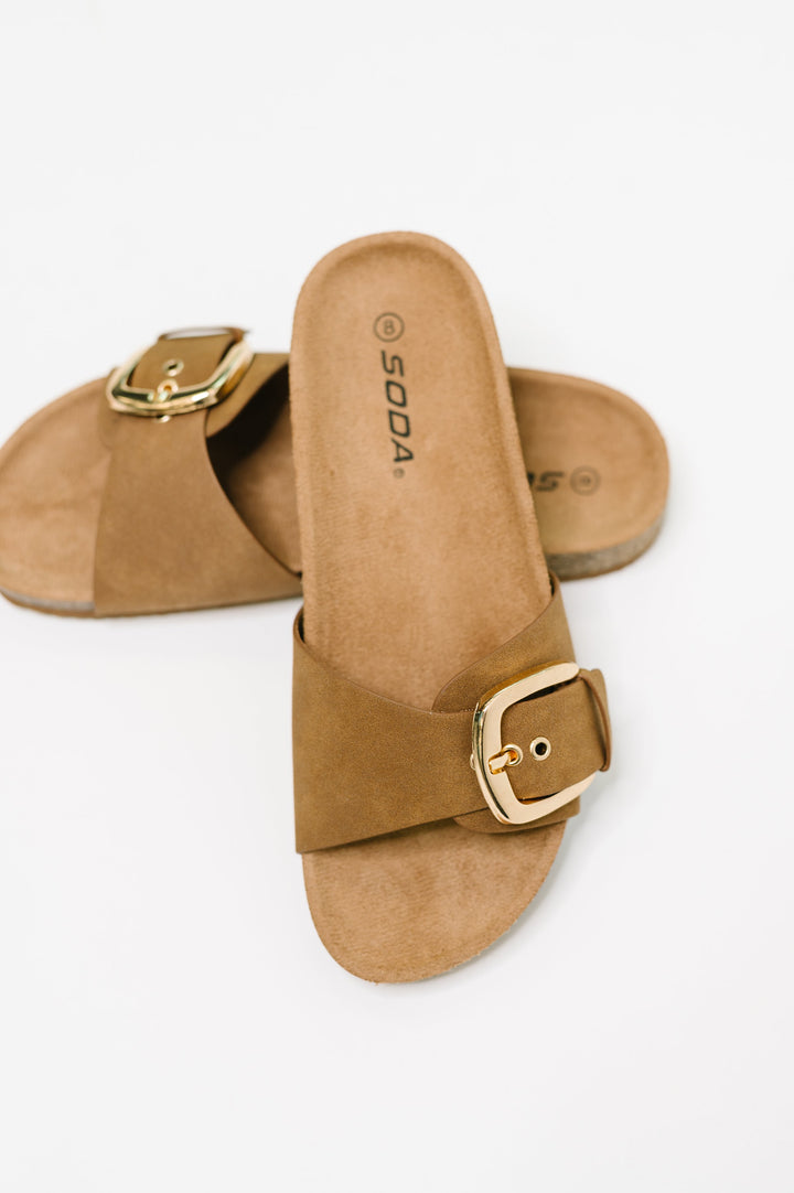 Lizzy Slip On Buckle Strap Sandal in Tan - 6/9