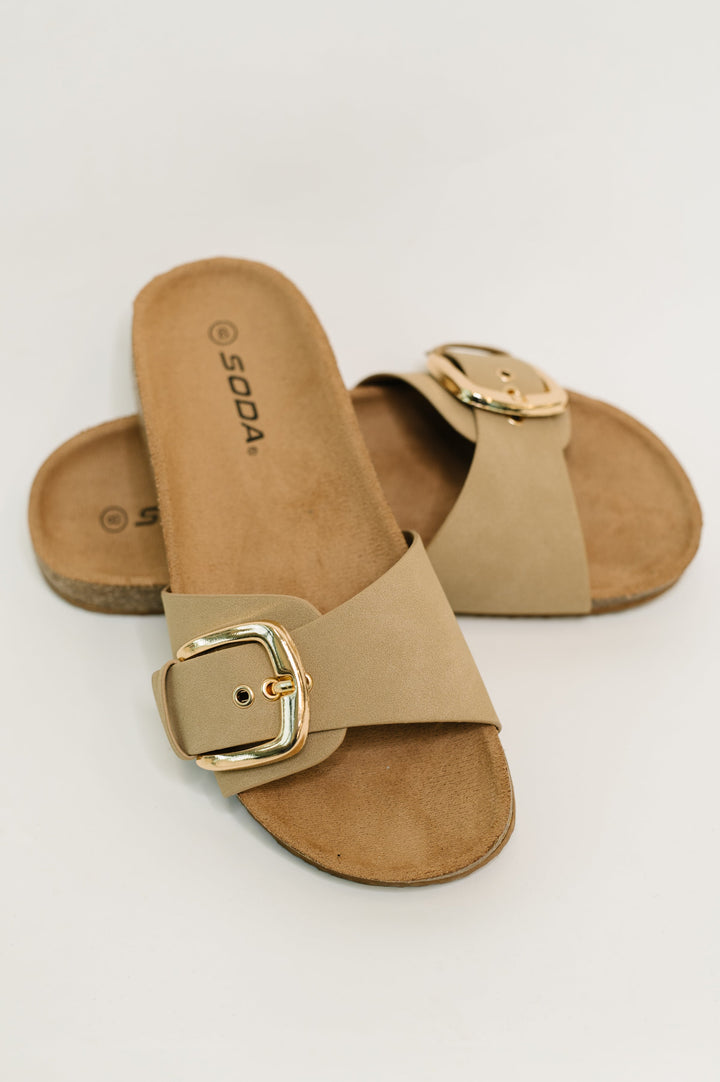 Lizzy Slip on Buckle Strap Sandal in Taupe - 4/14