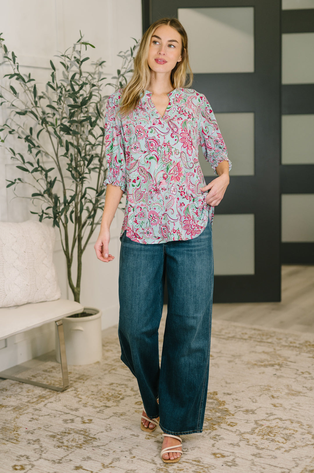 Lizzy Smock Top in Mint and Pink Floral Paisley - 3/9