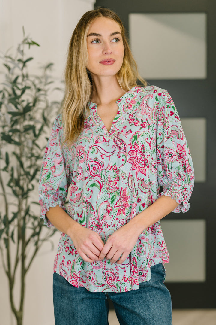Lizzy Smock Top in Mint and Pink Floral Paisley - 3/9