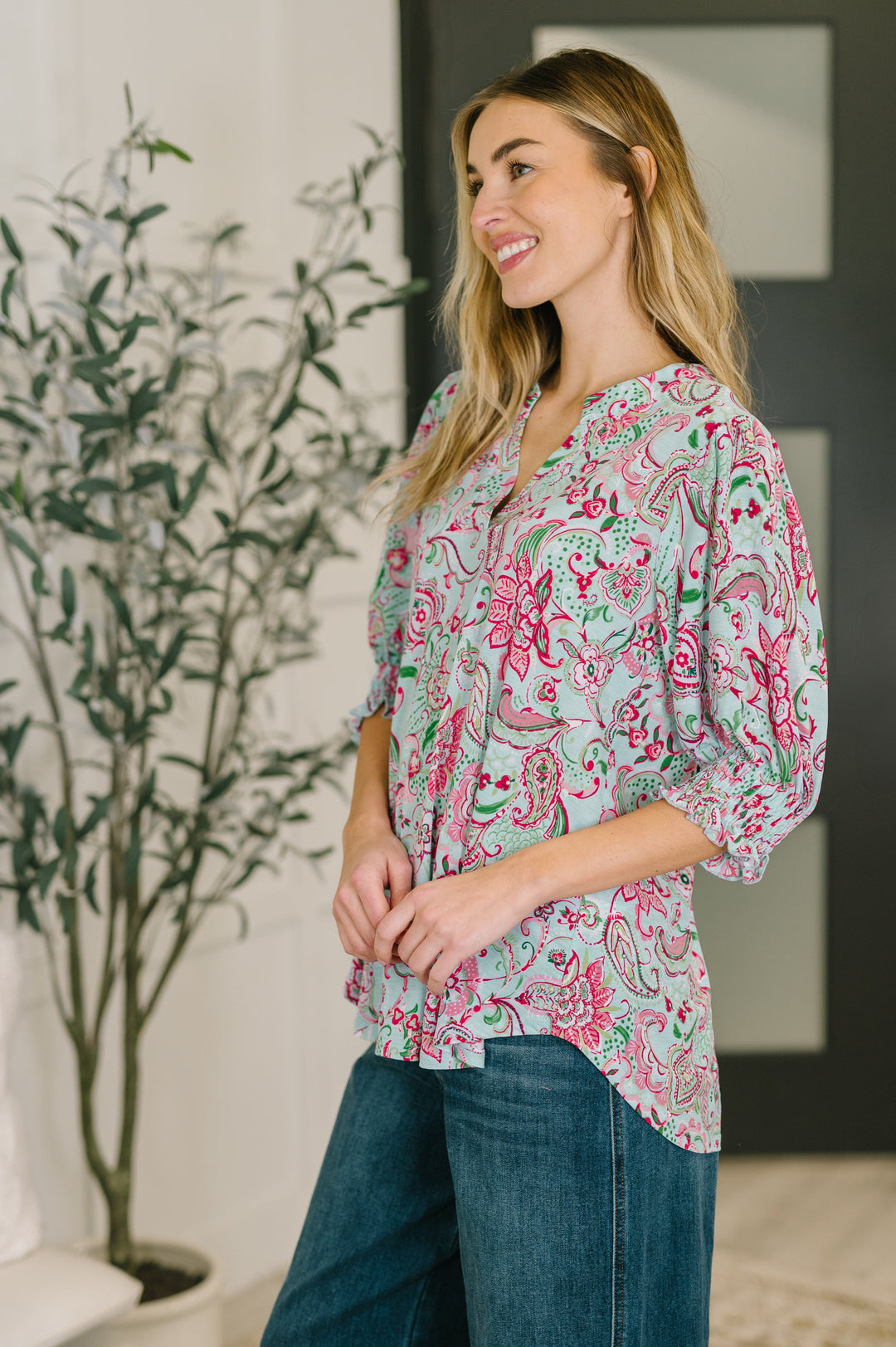 Lizzy Smock Top in Mint and Pink Floral Paisley - 3/9