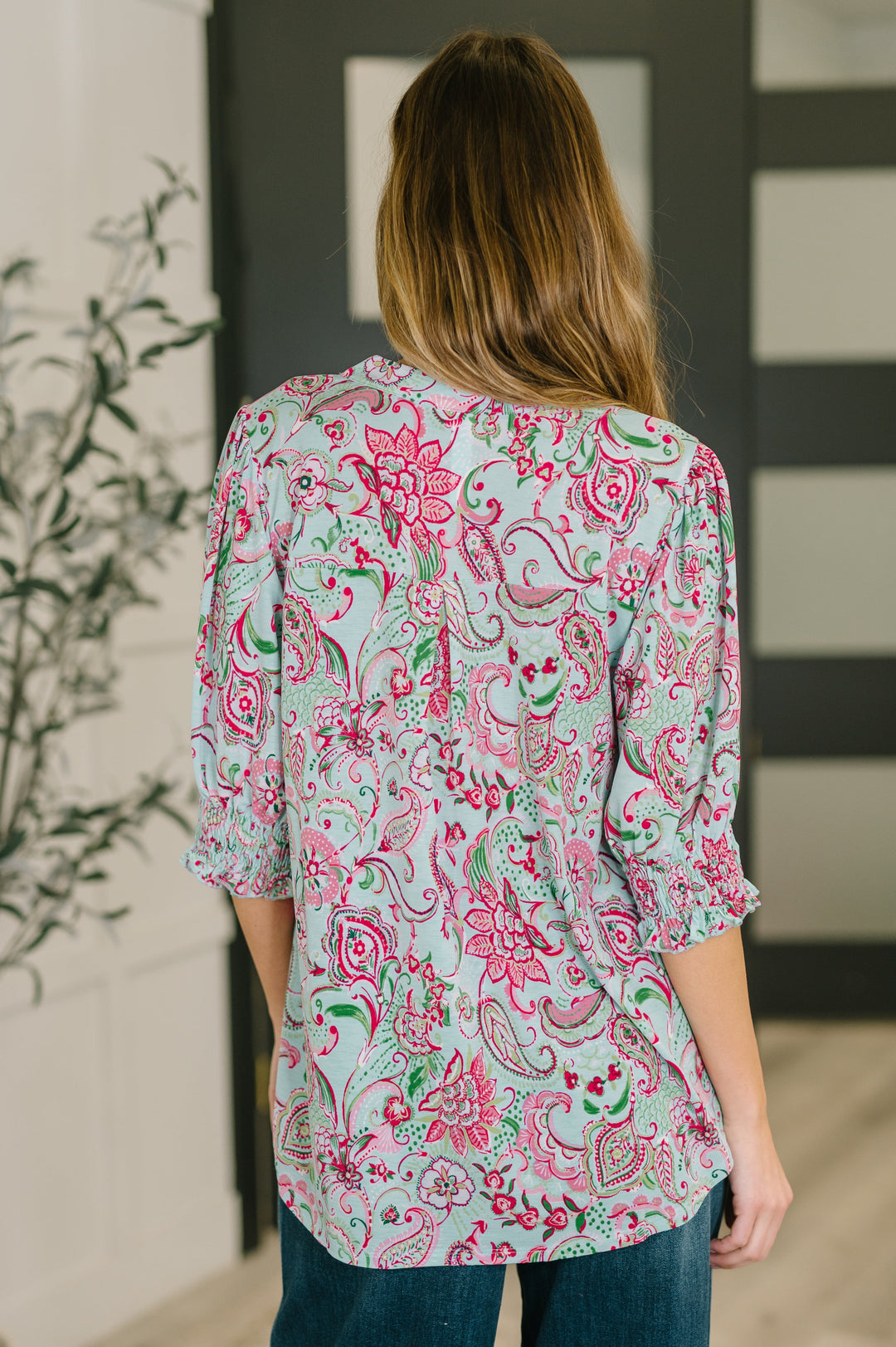 Lizzy Smock Top in Mint and Pink Floral Paisley - 3/9