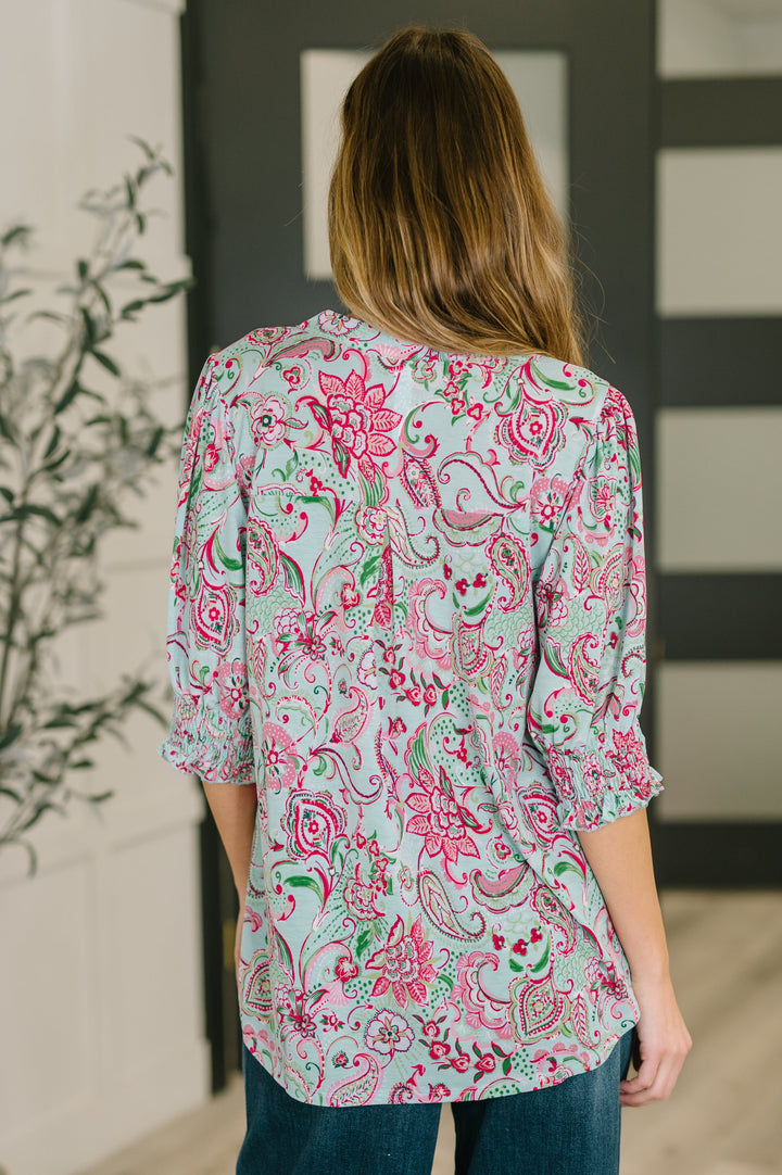 Lizzy Smock Top in Mint and Pink Floral Paisley - 3/9