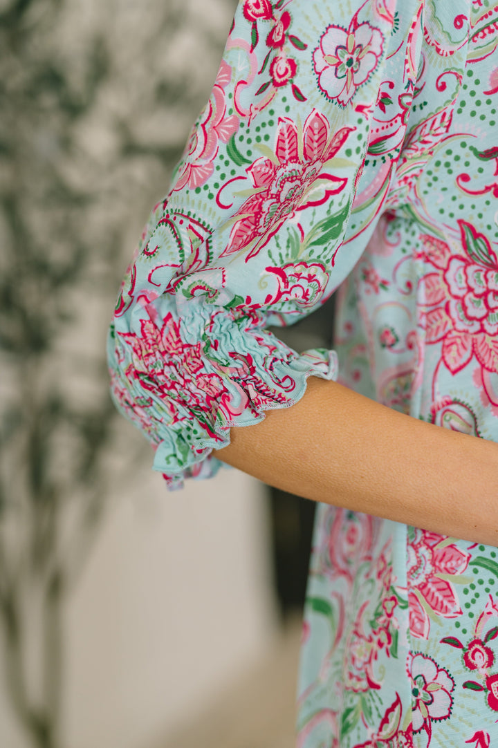 Lizzy Smock Top in Mint and Pink Floral Paisley - 3/9