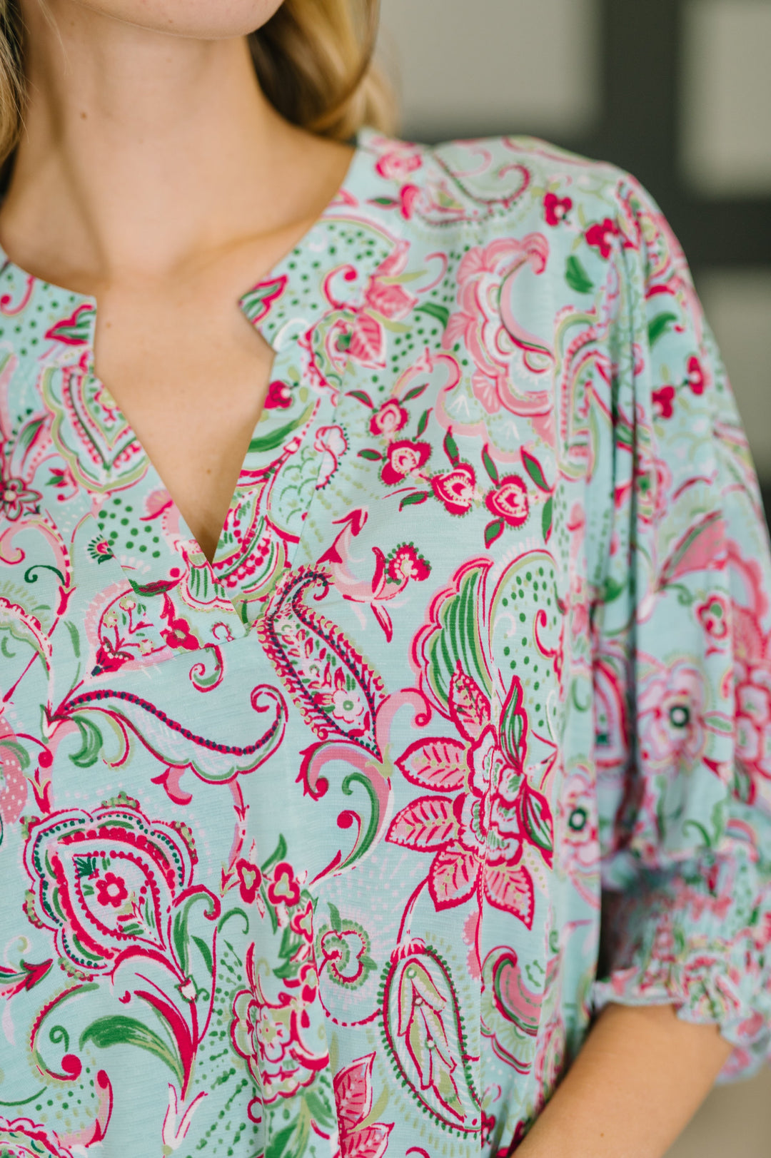 Lizzy Smock Top in Mint and Pink Floral Paisley - 3/9