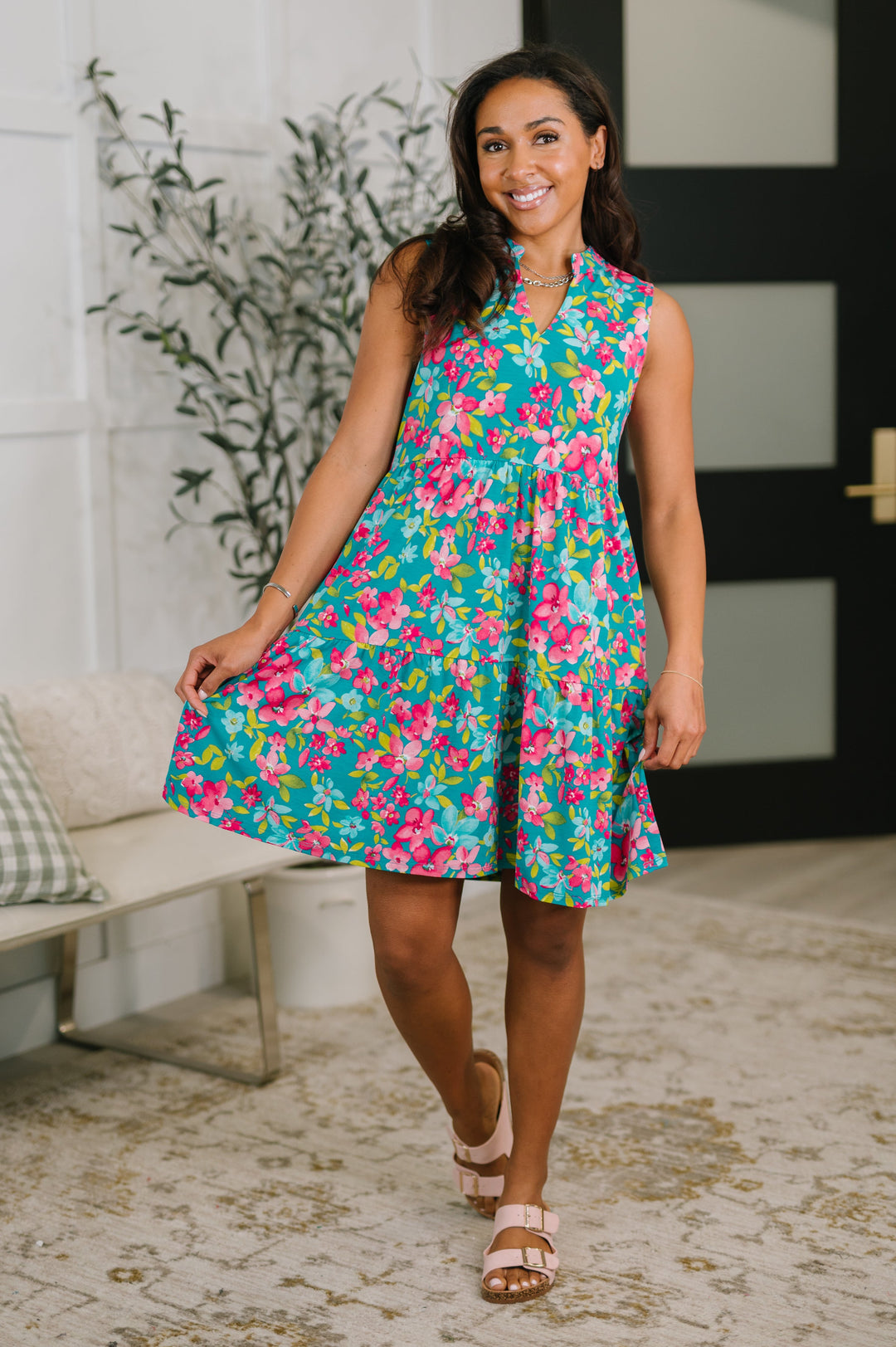 Lizzy Three Tier Tank Dress in Large Ditsy Floral - 5/8