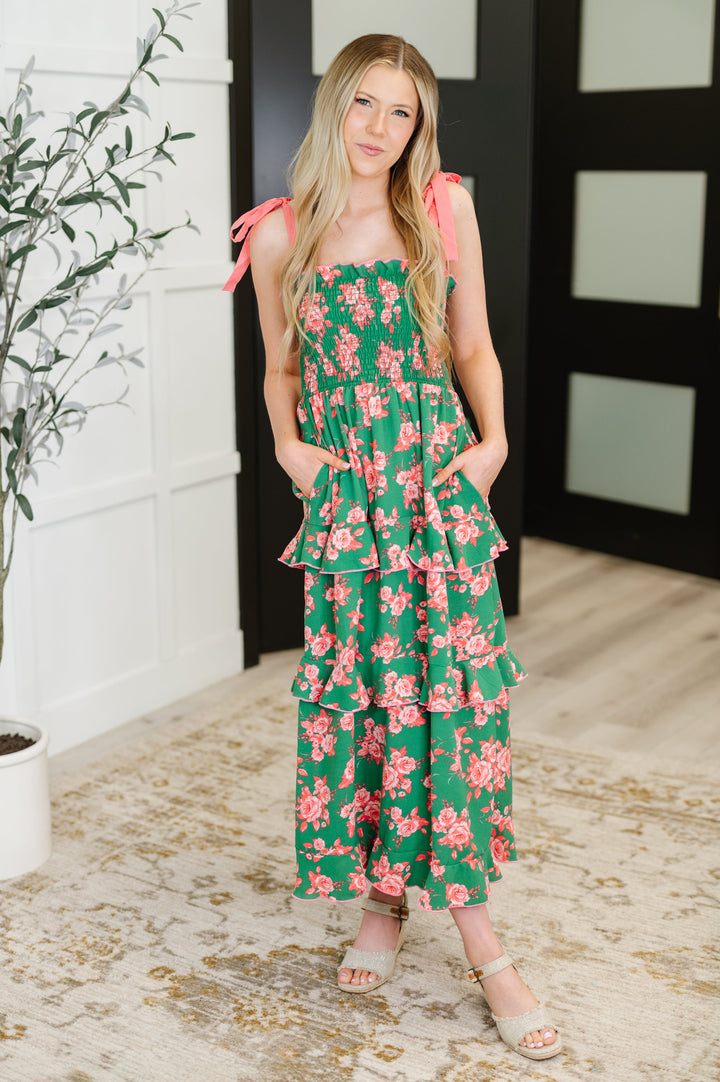 Low Effort, High Impact Tiered Dress in Green/Coral - 4/2