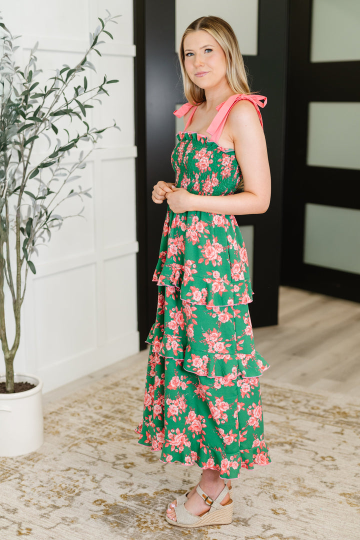 Low Effort, High Impact Tiered Dress in Green/Coral - 4/2