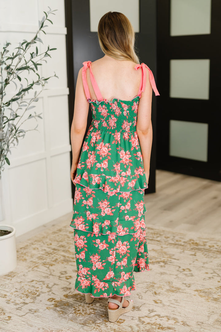 Low Effort, High Impact Tiered Dress in Green/Coral - 4/2