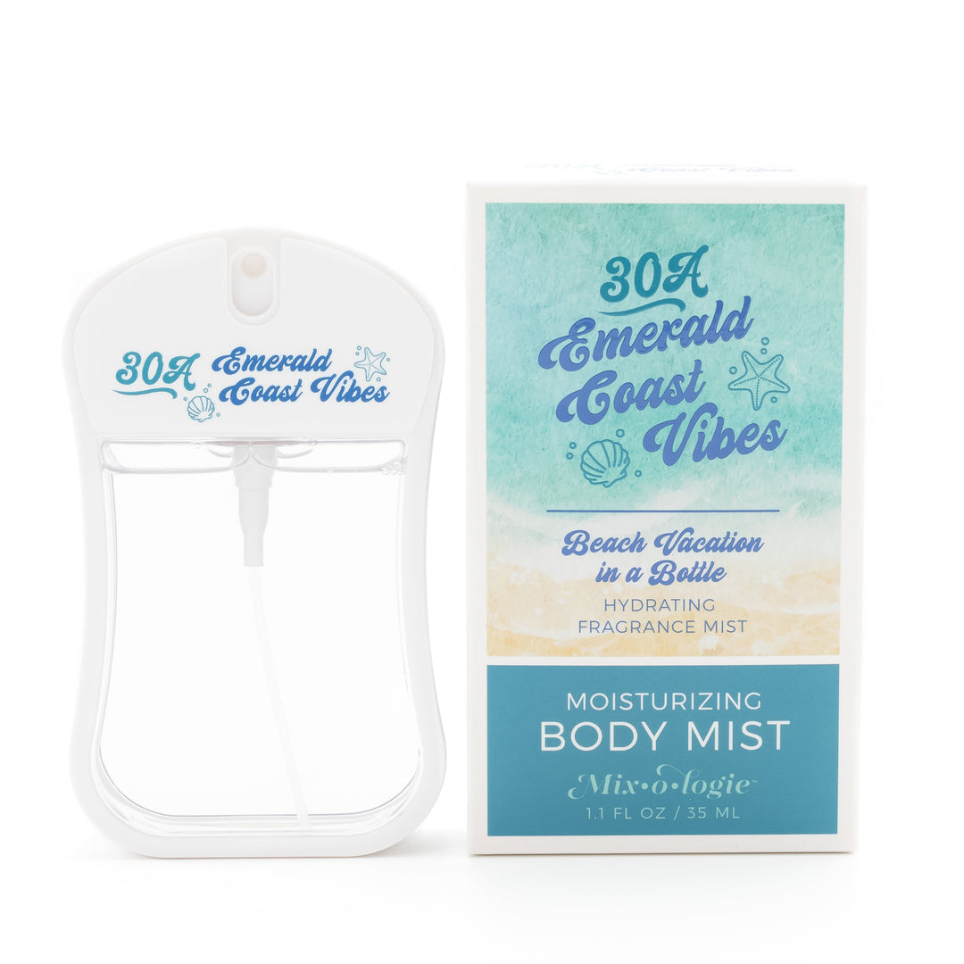 Mixologie Moisturizing Body Mist in 30A Emerald Coast Vibes, 1.1 fl oz, clear card-shaped spray bottle with white cap printed with teal script next to teal watercolor beach scene box on white background
