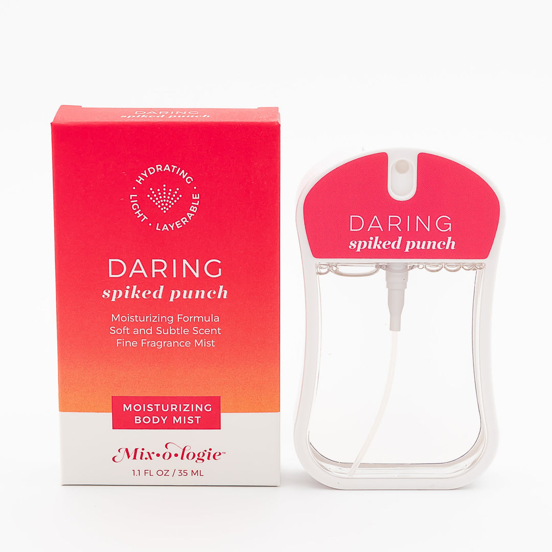 Mixologie Moisturizing Body Mist in Daring Spiked Punch, 1.1 fl oz, clear card-shaped spray bottle with red cap next to red to orange gradient box on white background
