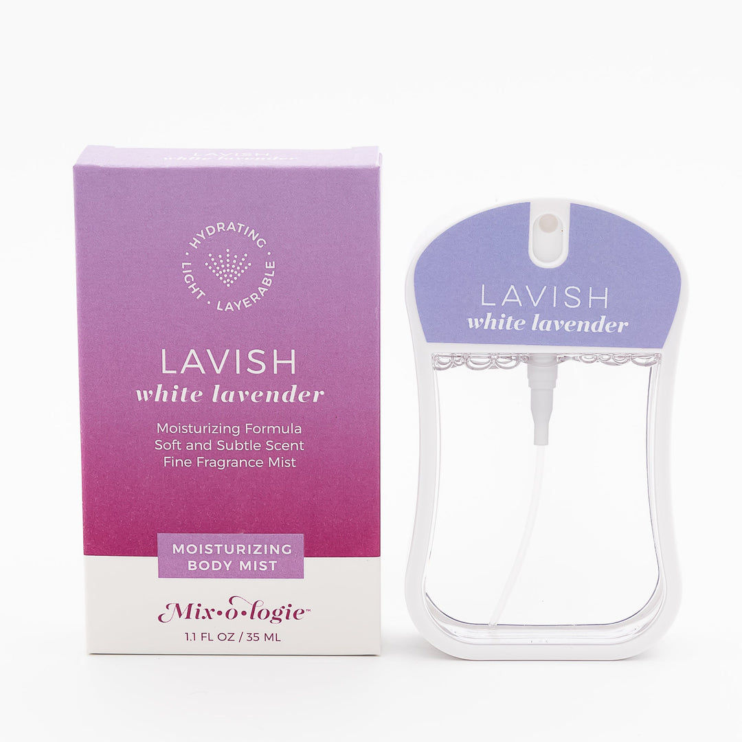 Mixologie Moisturizing Body Mist in Lavish White Lavender, 1.1 fl oz, clear card-shaped spray bottle with periwinkle blue cap next to purple to pink gradient box on white background