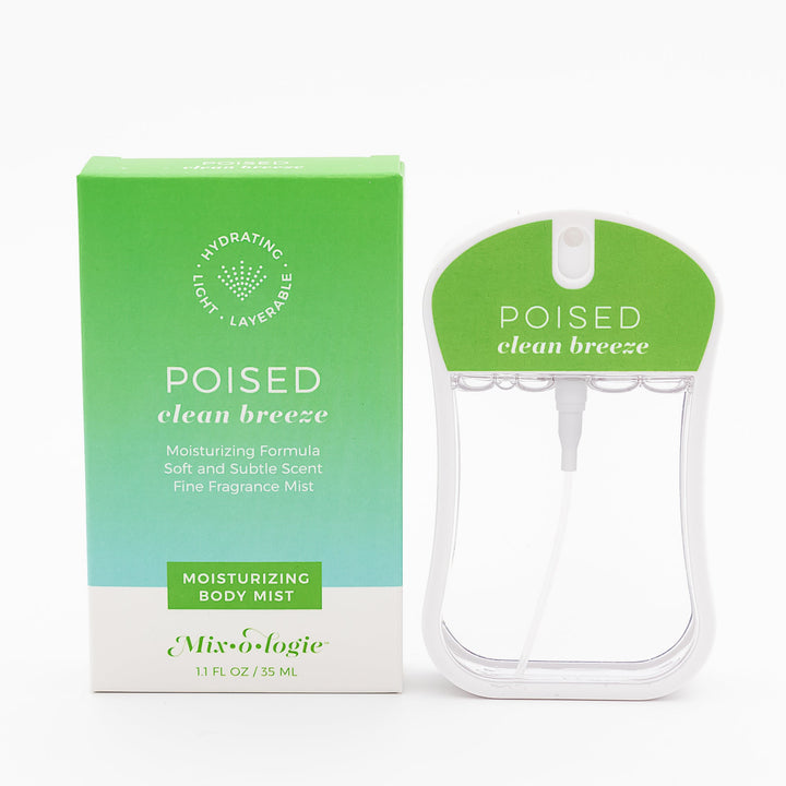 Mixologie Moisturizing Body Mist in Poised Clean Breeze, 1.1 fl oz, clear card-shaped spray bottle with bright green cap next to green to teal gradient box on white background