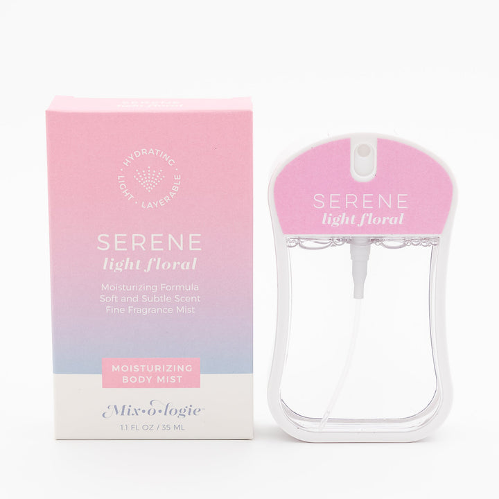 Mixologie Moisturizing Body Mist in Serene Light Floral, 1.1 fl oz, clear card-shaped spray bottle with pink cap next to pink to lavender gradient box on white background