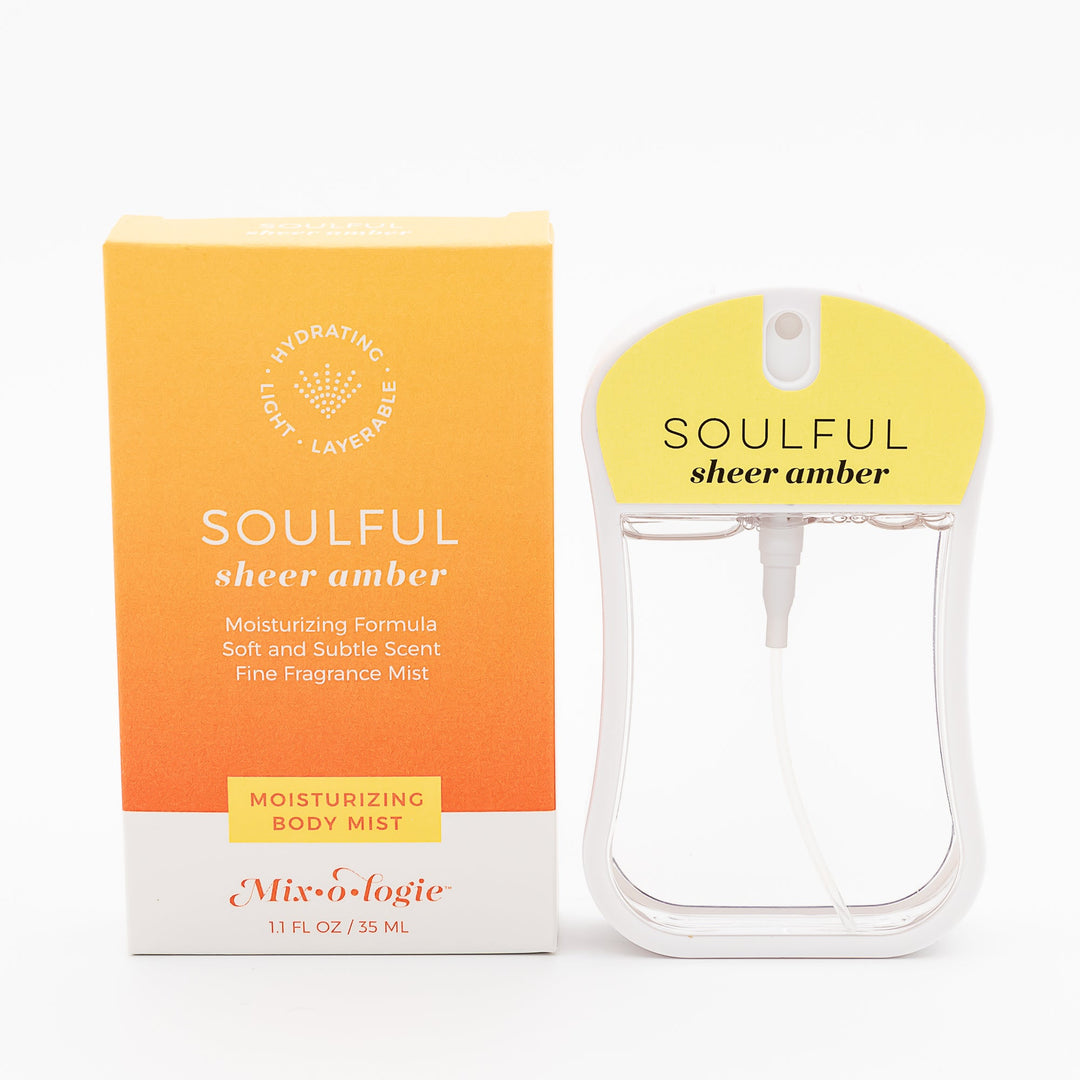 Mixologie Moisturizing Body Mist in Soulful Sheer Amber, 1.1 fl oz, clear card-shaped spray bottle with yellow cap next to orange to yellow gradient box on white background