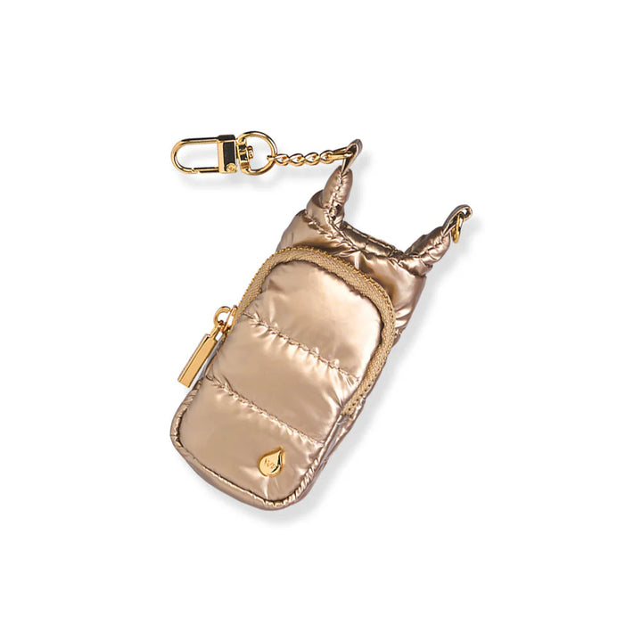 Champagne gold metallic quilted puffer lip balm keychain holder with gold zipper pocket and gold swivel clip chain