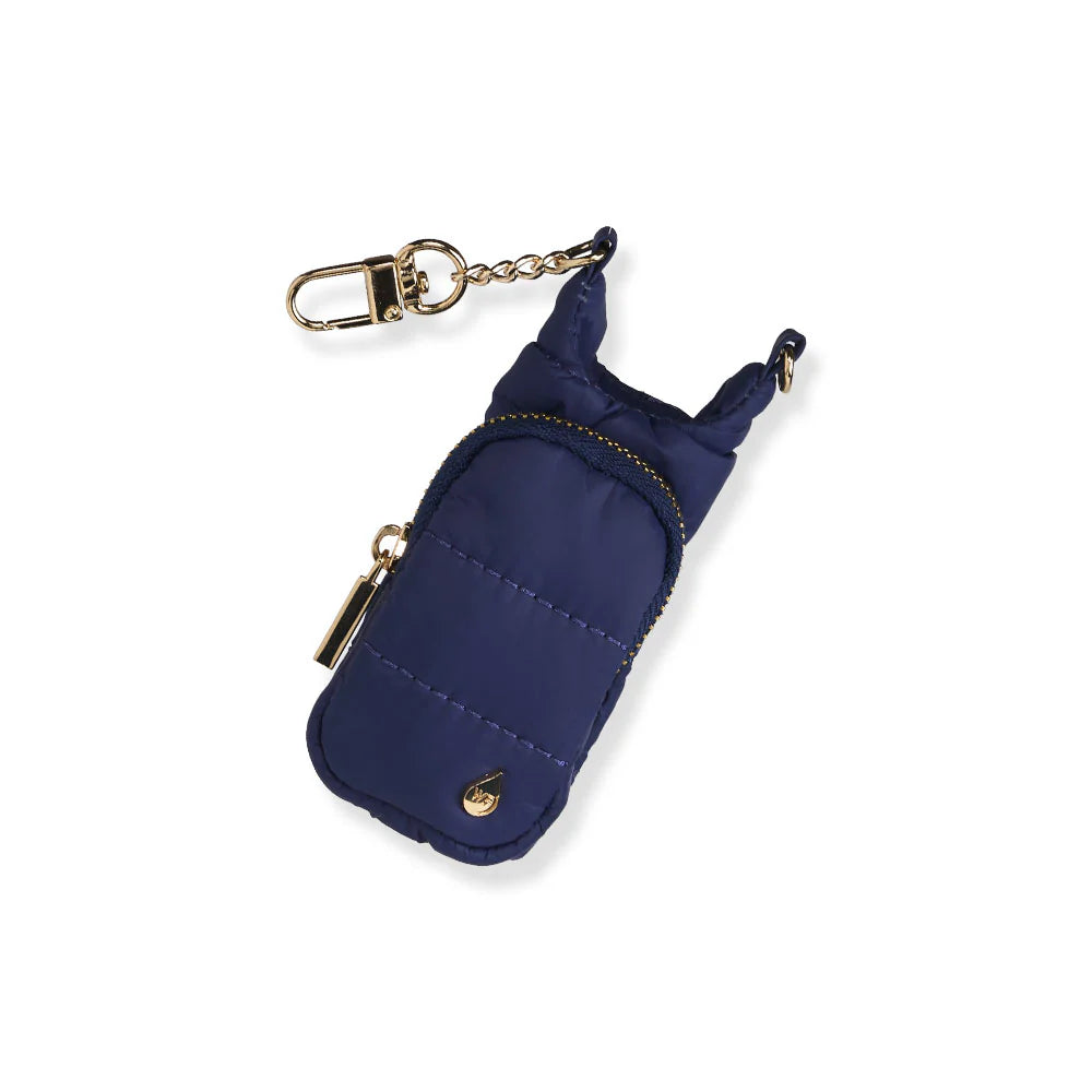 Navy blue quilted puffer lip balm keychain holder with gold zipper pocket and gold swivel clip chain, on a white background.