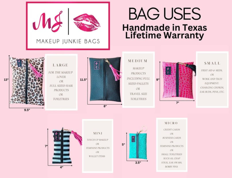 Makeup Junkie Bags size guide on pink background showing flat bag dimensions for large (9.5" x 13"), medium (8" x 11.5"), small (7" x 9"), mini (4" x 7"), and micro (3.5" x 5") with suggested uses for each size.