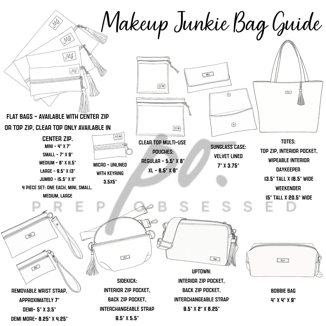 Makeup Junkie Bag Guide line drawing chart showing all bag styles, sizes, and dimensions — including flat bags, clear top pouches, sunglass case, totes, sidekick, uptown, bobbie bag, and wristlet styles.