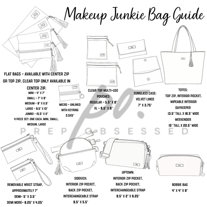 Makeup Junkie Bag Guide line drawing chart showing all bag styles, sizes, and dimensions — including flat bags, clear top pouches, sunglass case, totes, sidekick, uptown, bobbie bag, and wristlet styles.