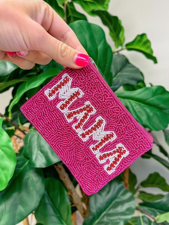 Baseball Stitched 'Mama' Beaded Zip Pouch