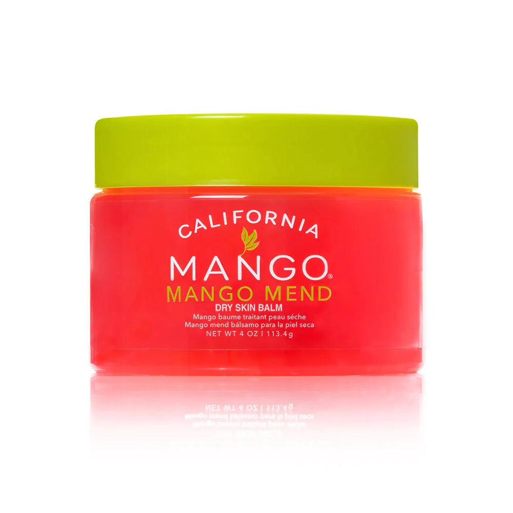 California Mango Mango Mend Dry Skin Balm 4oz jar with red body and lime green lid on white background