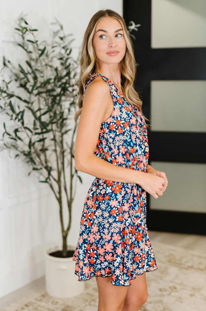 Meadow Mischief Sleeveless Romper in Navy/Orange/Teal - 6/25