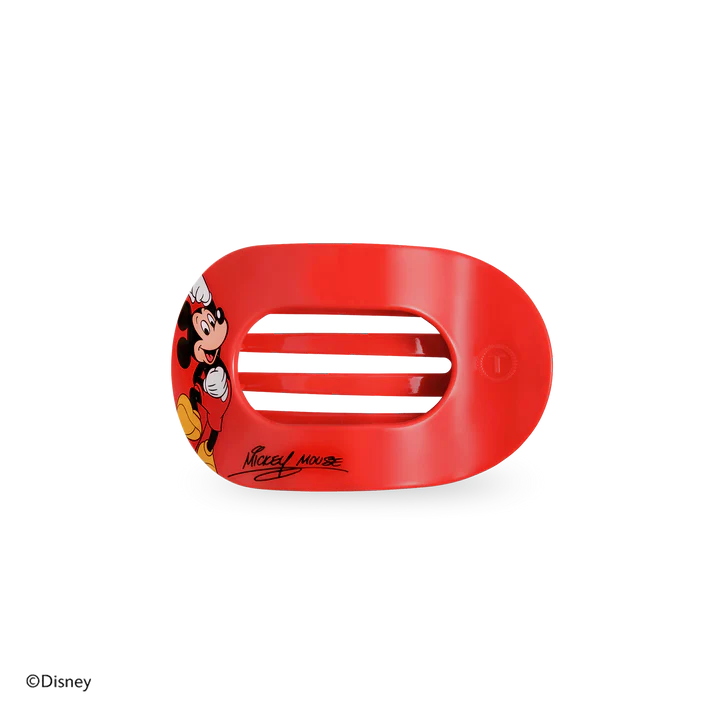 Disney x Teleties Mickey Mouse small flat round hair clip in red with Mickey Mouse character graphic and signature on white background