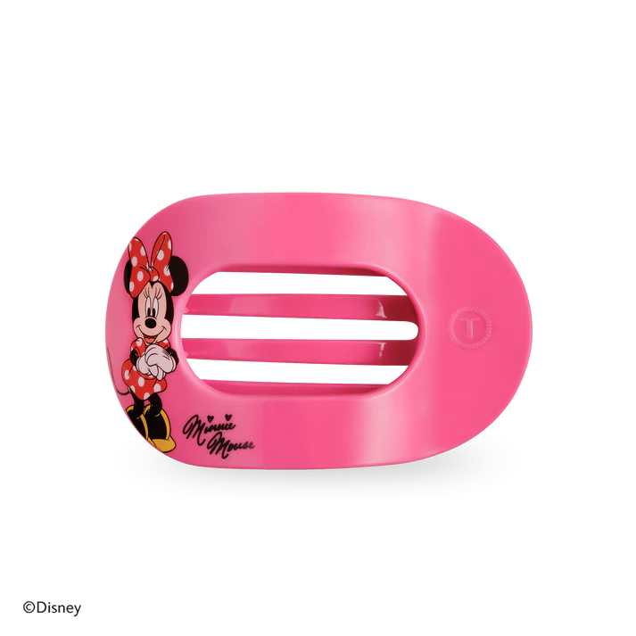 Disney x Teleties Minnie Mouse medium flat round hair clip in hot pink with Minnie Mouse character graphic and signature on white background