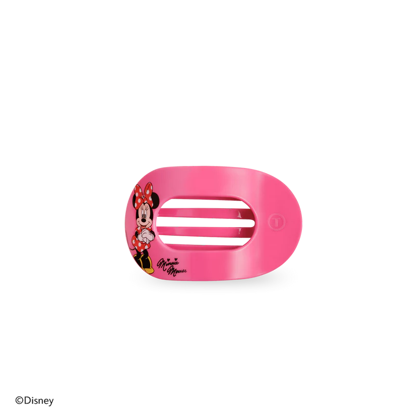 Disney x Teleties Minnie Mouse tiny flat round hair clip in hot pink with Minnie Mouse character graphic and signature on white background