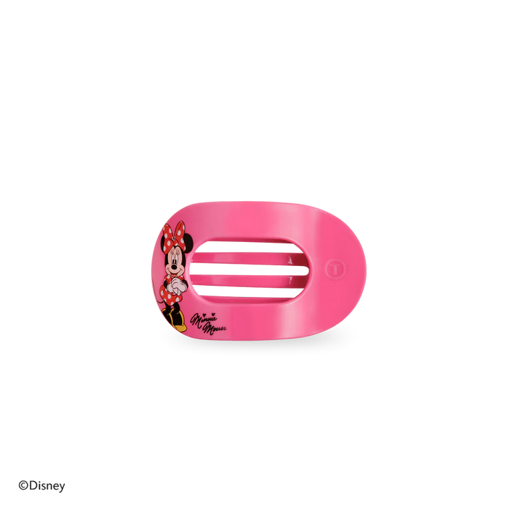 Disney x Teleties Minnie Mouse tiny flat round hair clip in hot pink with Minnie Mouse character graphic and signature on white background