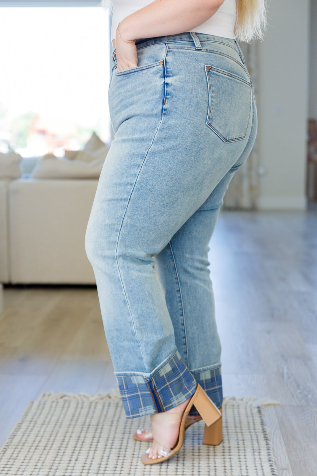 Miranda High Rise Plaid Cuff Vintage Straight Jeans by Judy Blue