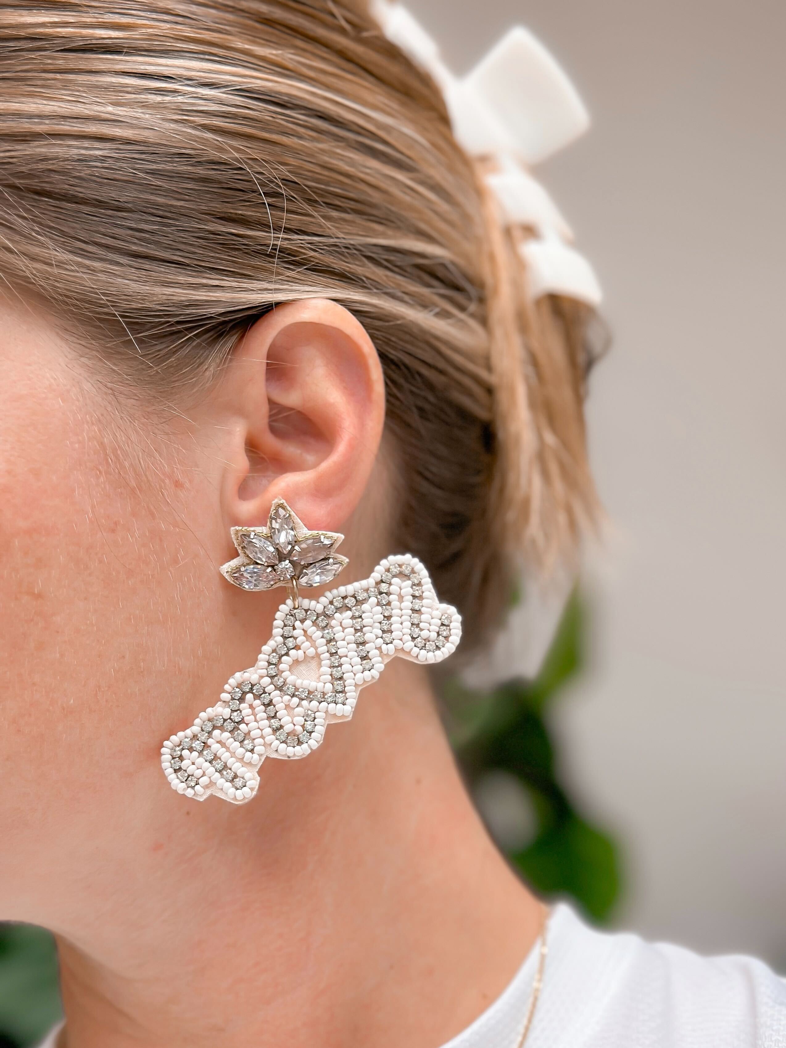 Glitzy Mom Beaded Dangle Earrings - White