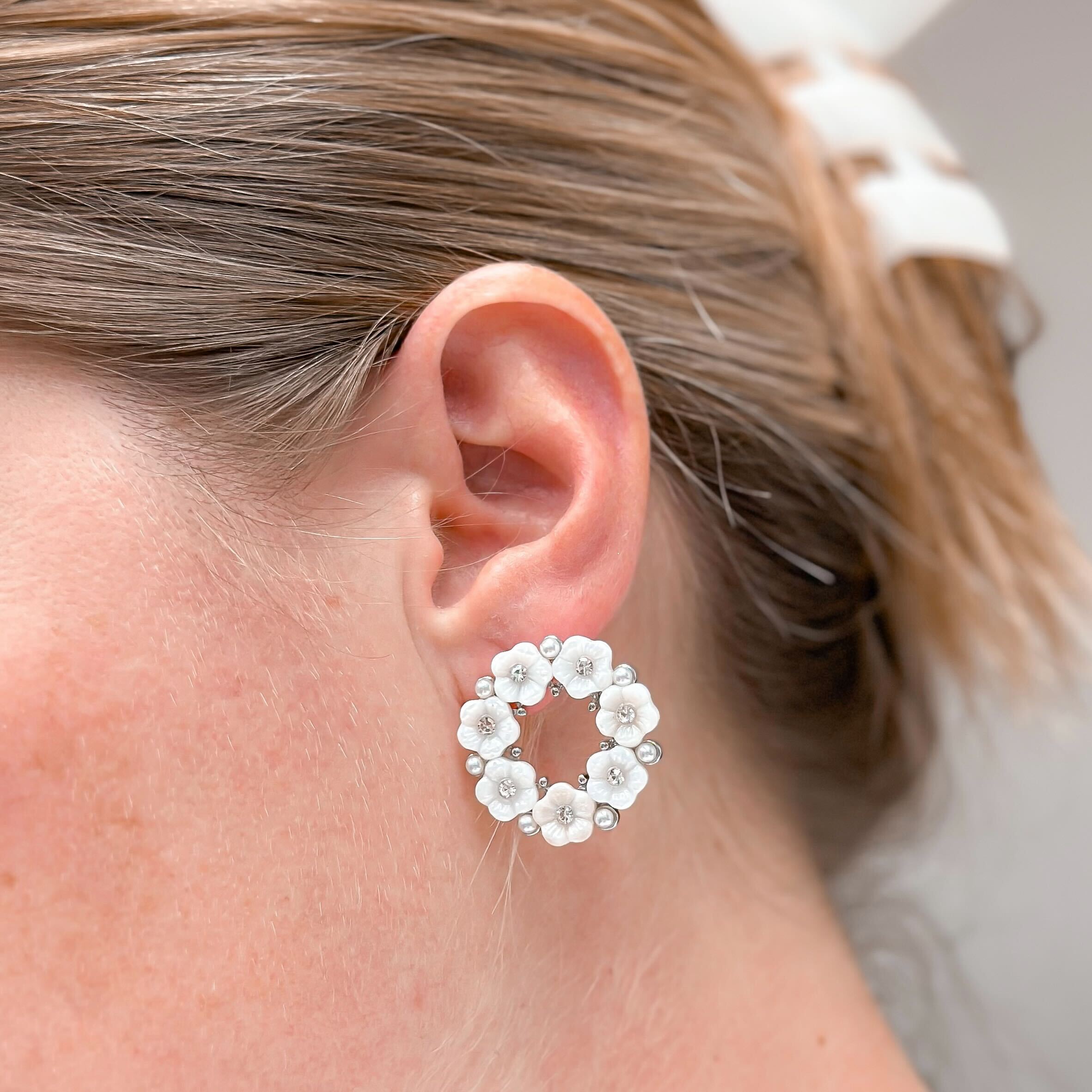 Mother of Pearl Flower Stud Earrings - Silver