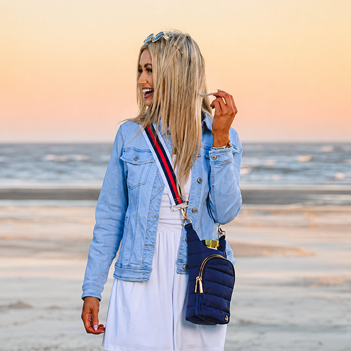 JUNE MARKET: Navy Blue Matte HydroBag® with Red, White, Navy striped Strap by Wanderfull (Ships in 2-3 Weeks)