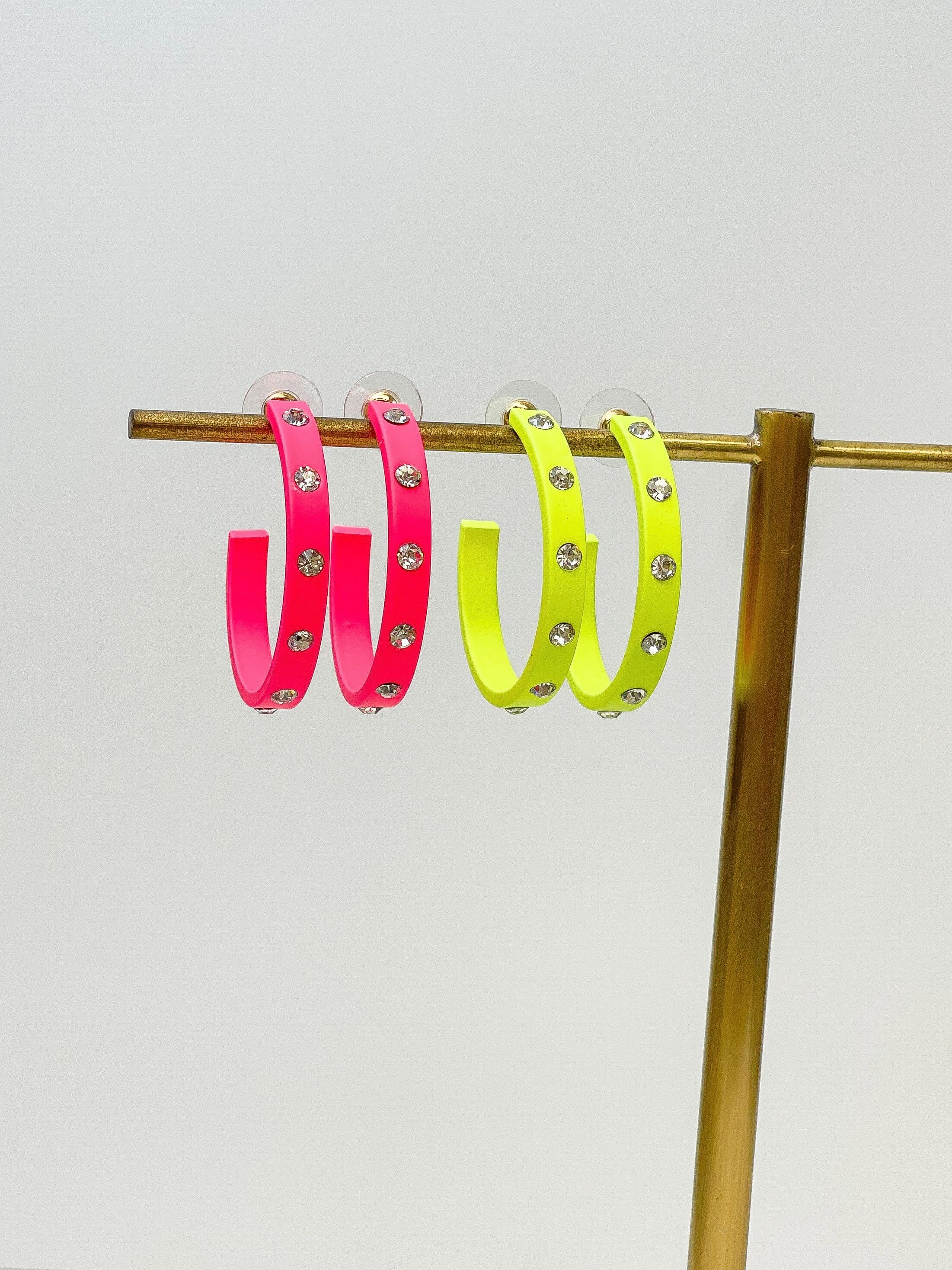 Neon Crystal-Studded Rubber Hoop Earrings - Pink